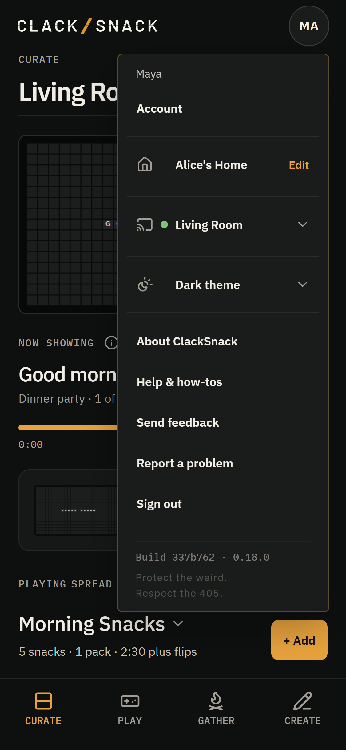 Open profile menu with the current household and its Edit link, selected Display, theme, Account, About, Help, and Sign out.