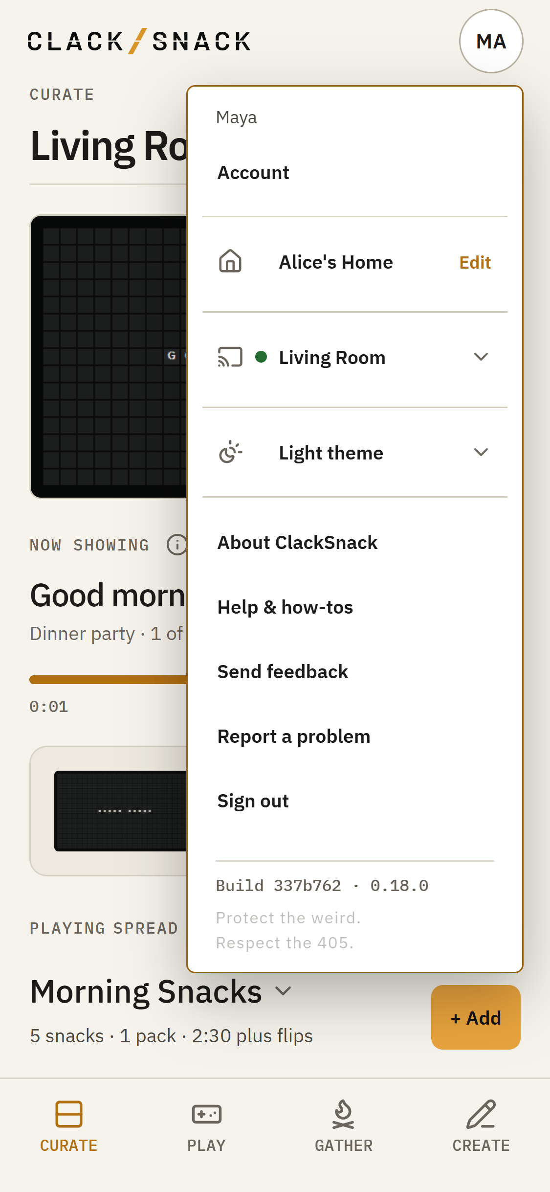 Open profile menu with the current household and its Edit link, selected Display, theme, Account, About, Help, and Sign out.