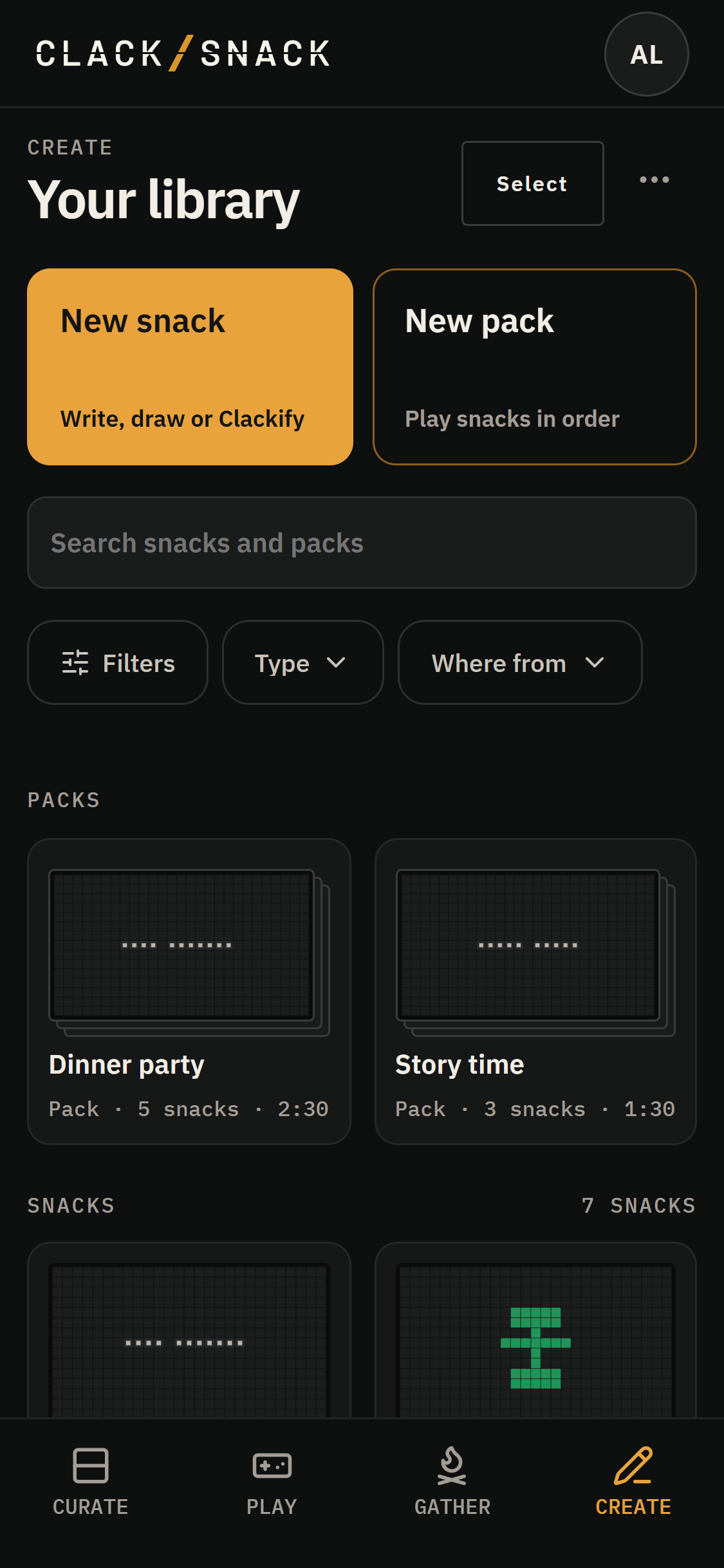 Your Create library showing friendly Snacks and the Dinner party Pack.