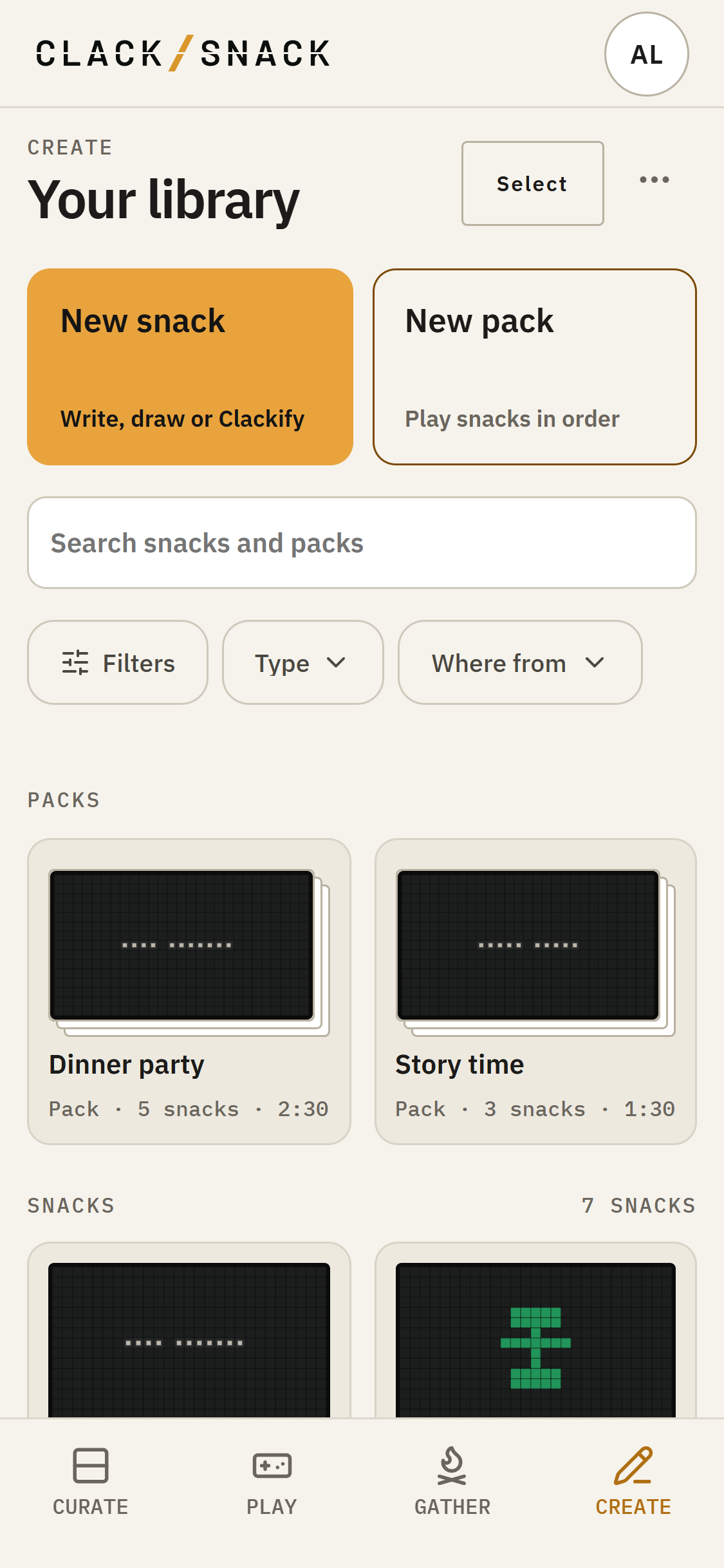 Your Create library showing friendly Snacks and the Dinner party Pack.
