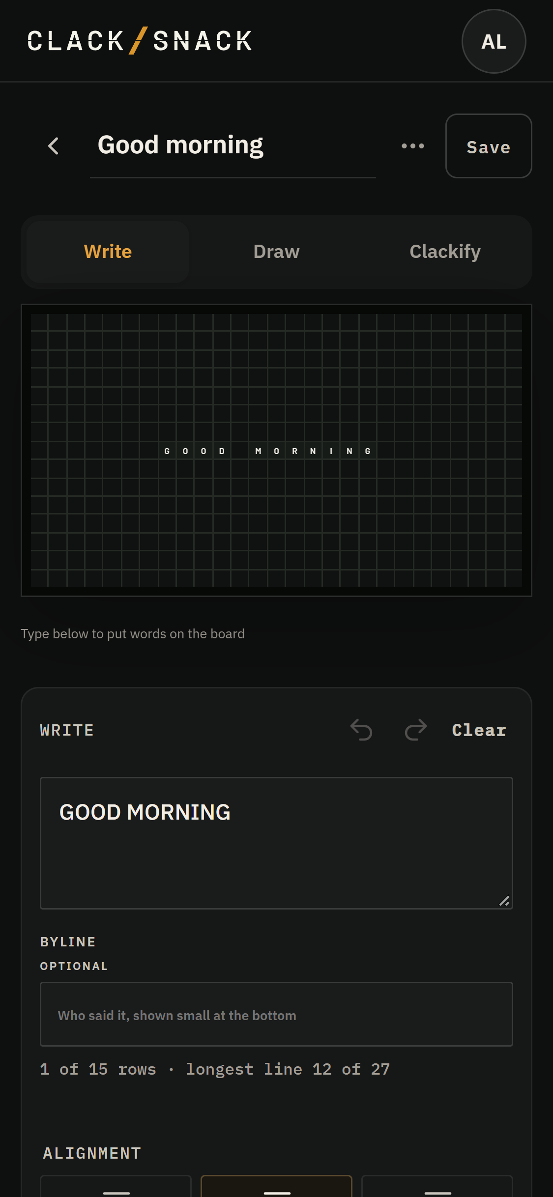 The Write editor with a Good morning message, board preview and layout controls.