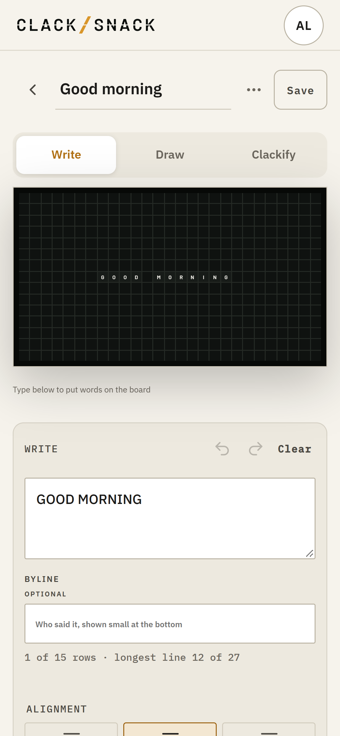 The Write editor with a Good morning message, board preview and layout controls.