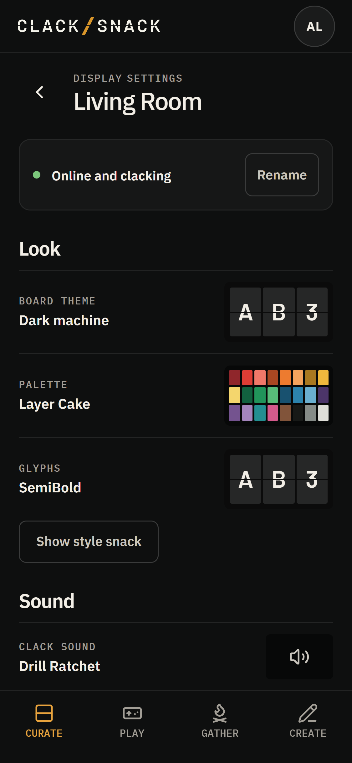 Display settings showing Board theme, Palette, and Glyphs under Look.