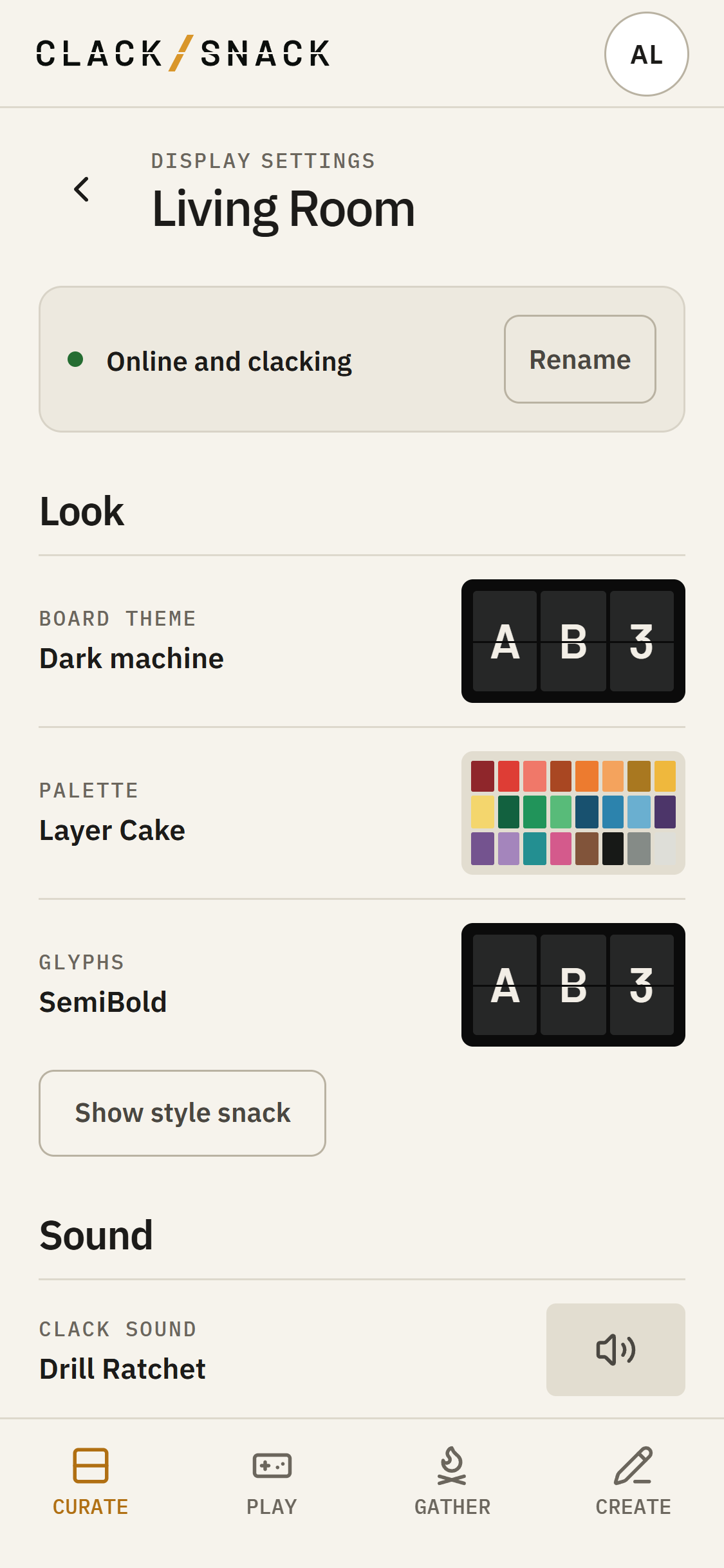 Display settings showing Board theme, Palette, and Glyphs under Look.