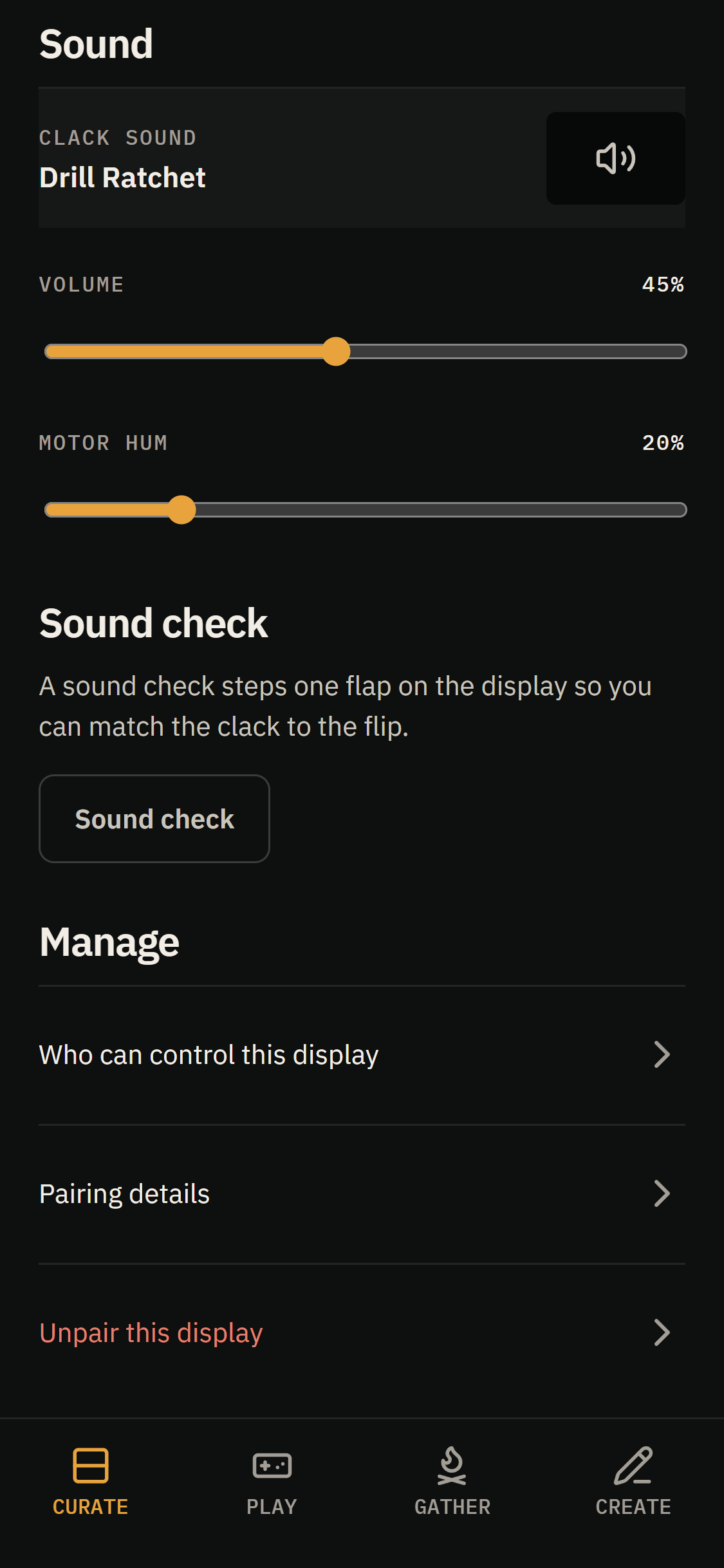 Display settings Sound controls and Sound check.