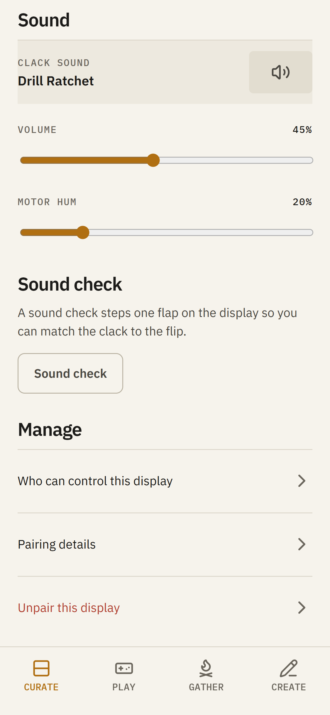Display settings Sound controls and Sound check.