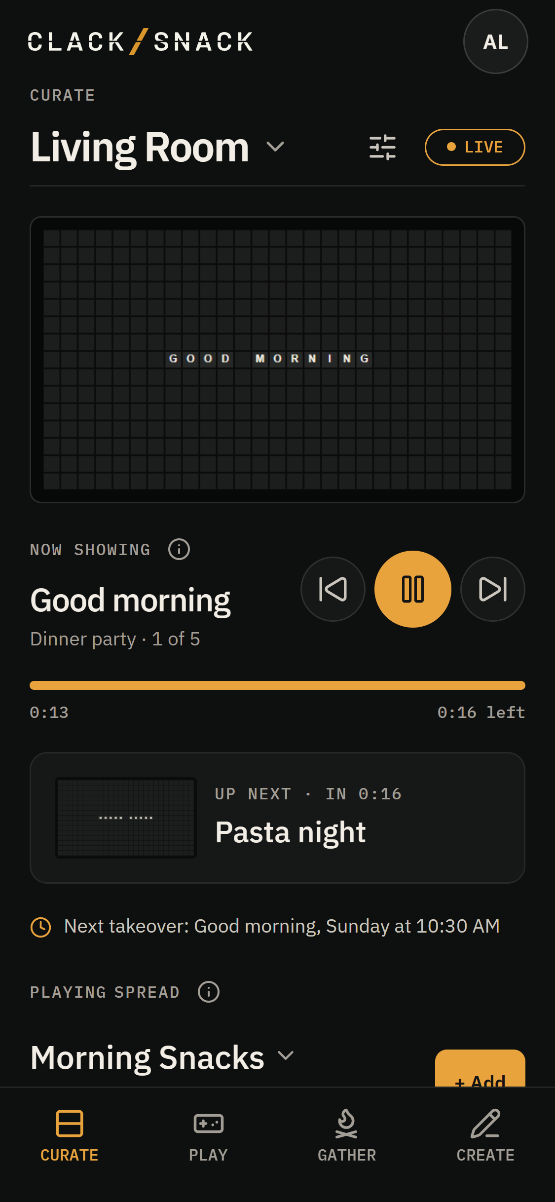 Curate showing a Snack playing on a paired Display, with playback controls and its Spread below.