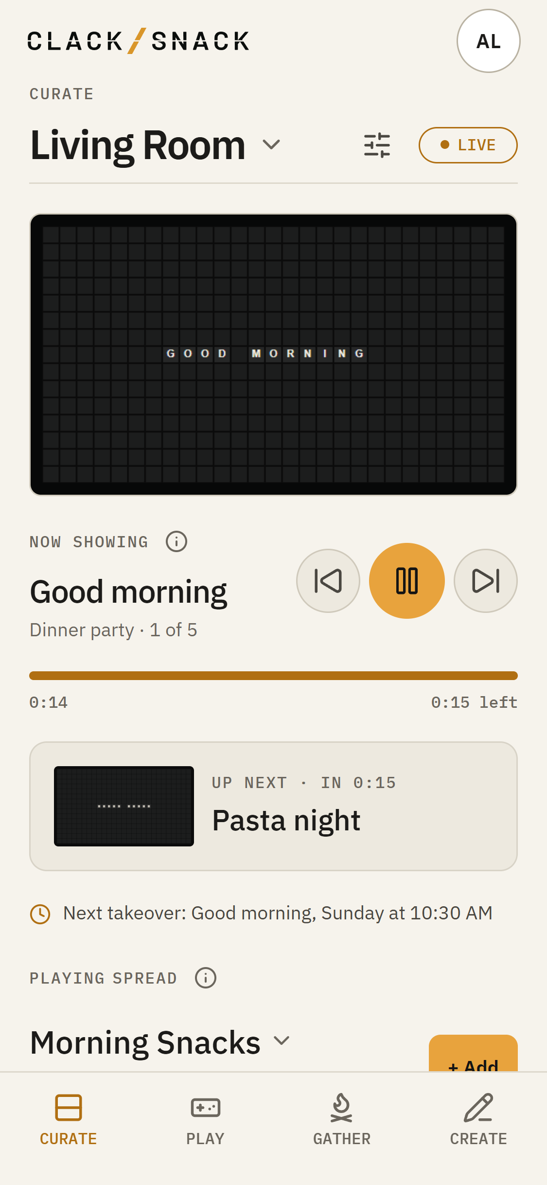 Curate showing a Snack playing on a paired Display, with playback controls and its Spread below.