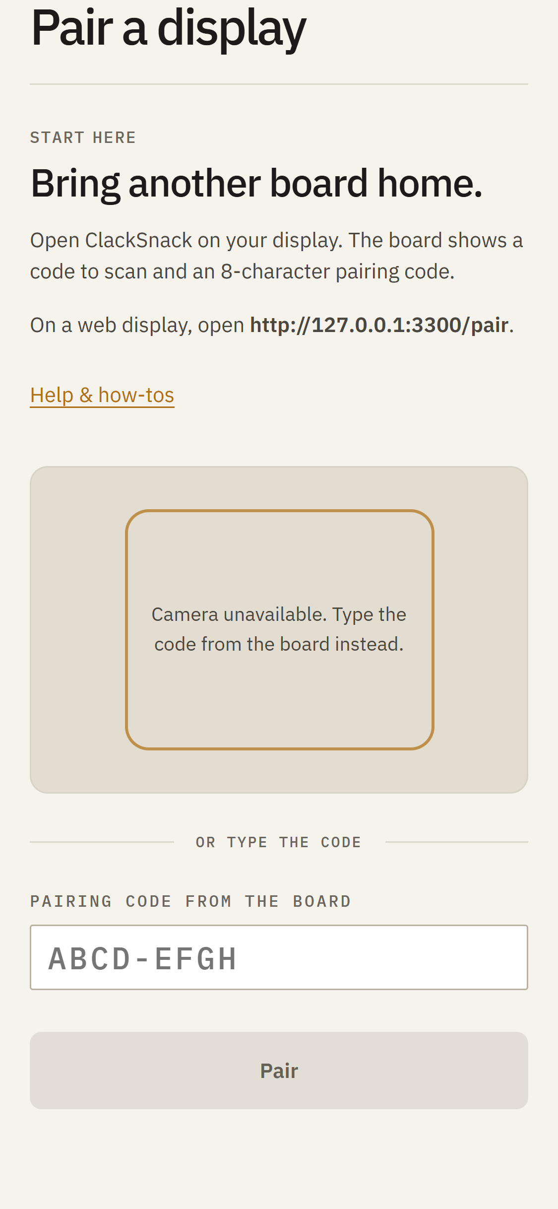 Controller pairing step with the code field and Pair button.