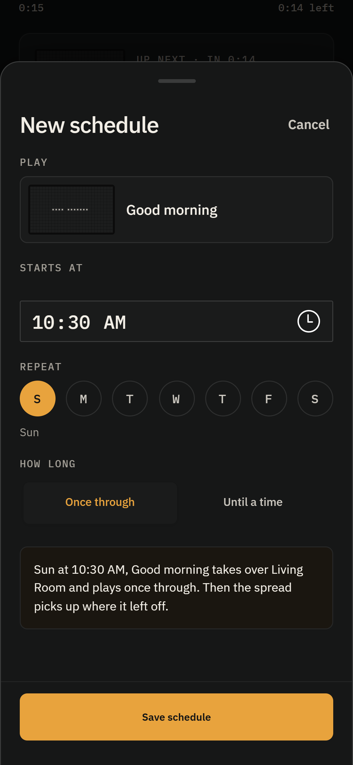 New scheduled takeover form with a Snack, start time, repeat days, and duration.
