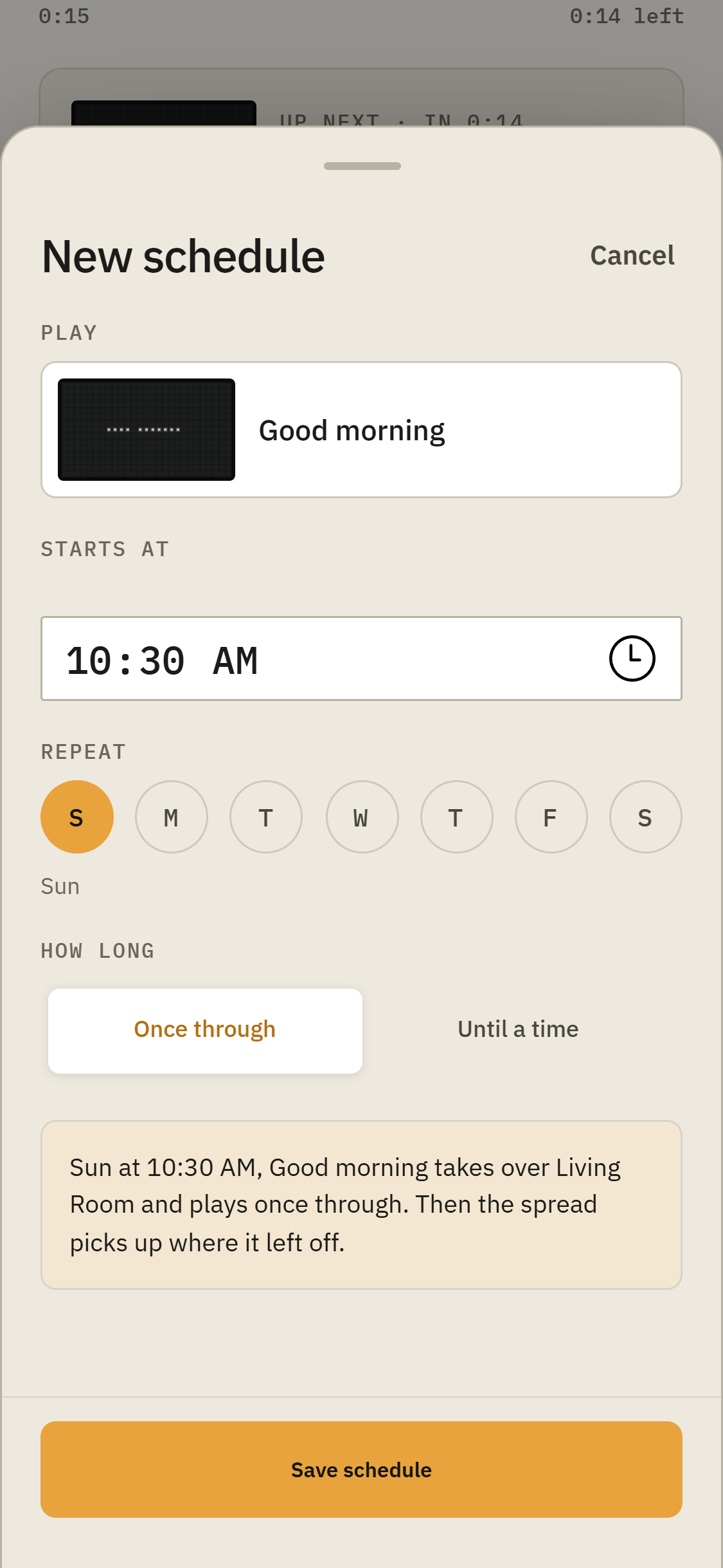 New scheduled takeover form with a Snack, start time, repeat days, and duration.