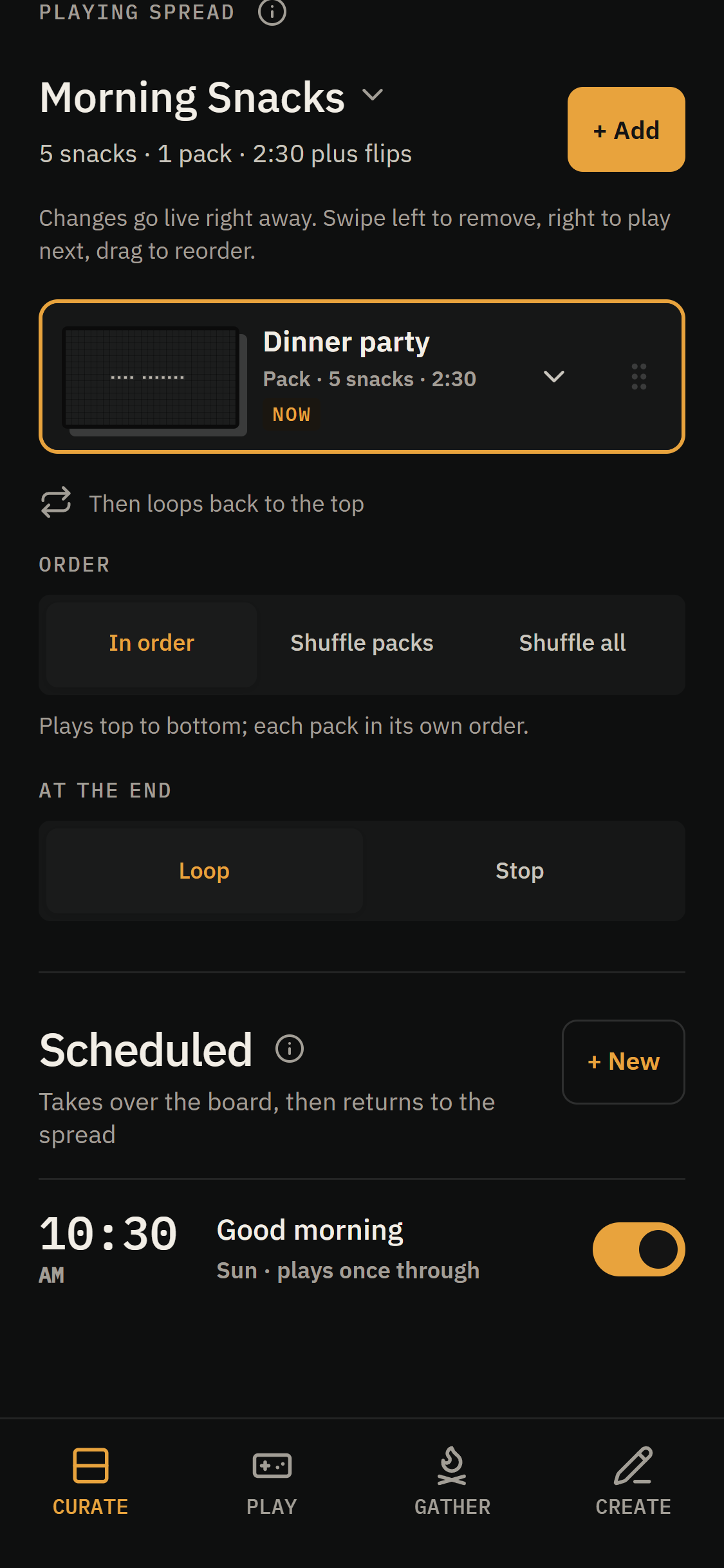 Scheduled takeover listed on Curate with its on and off switch.