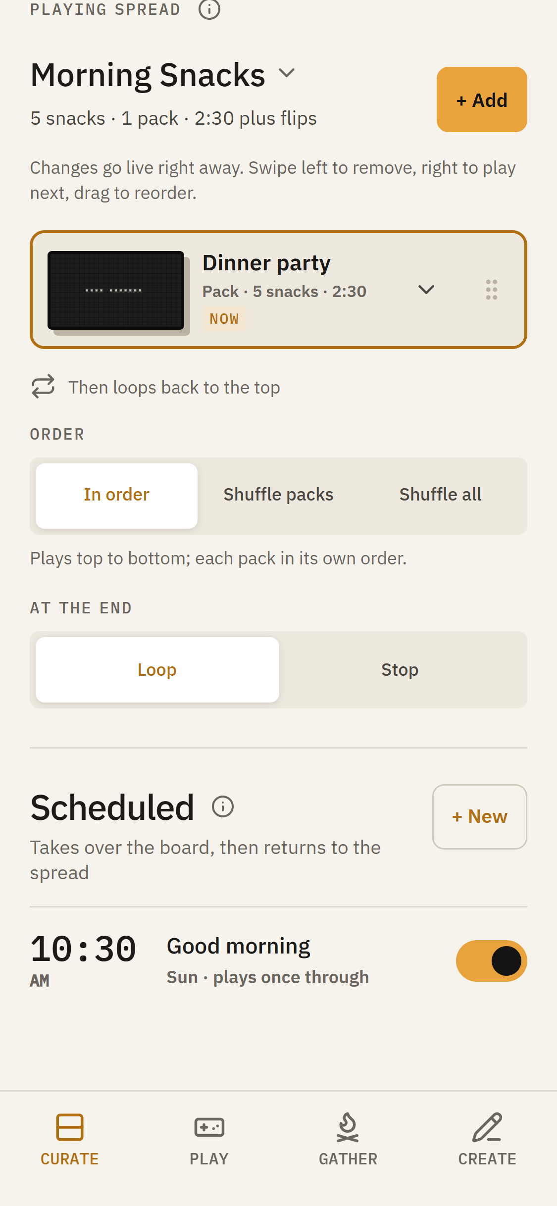 Scheduled takeover listed on Curate with its on and off switch.