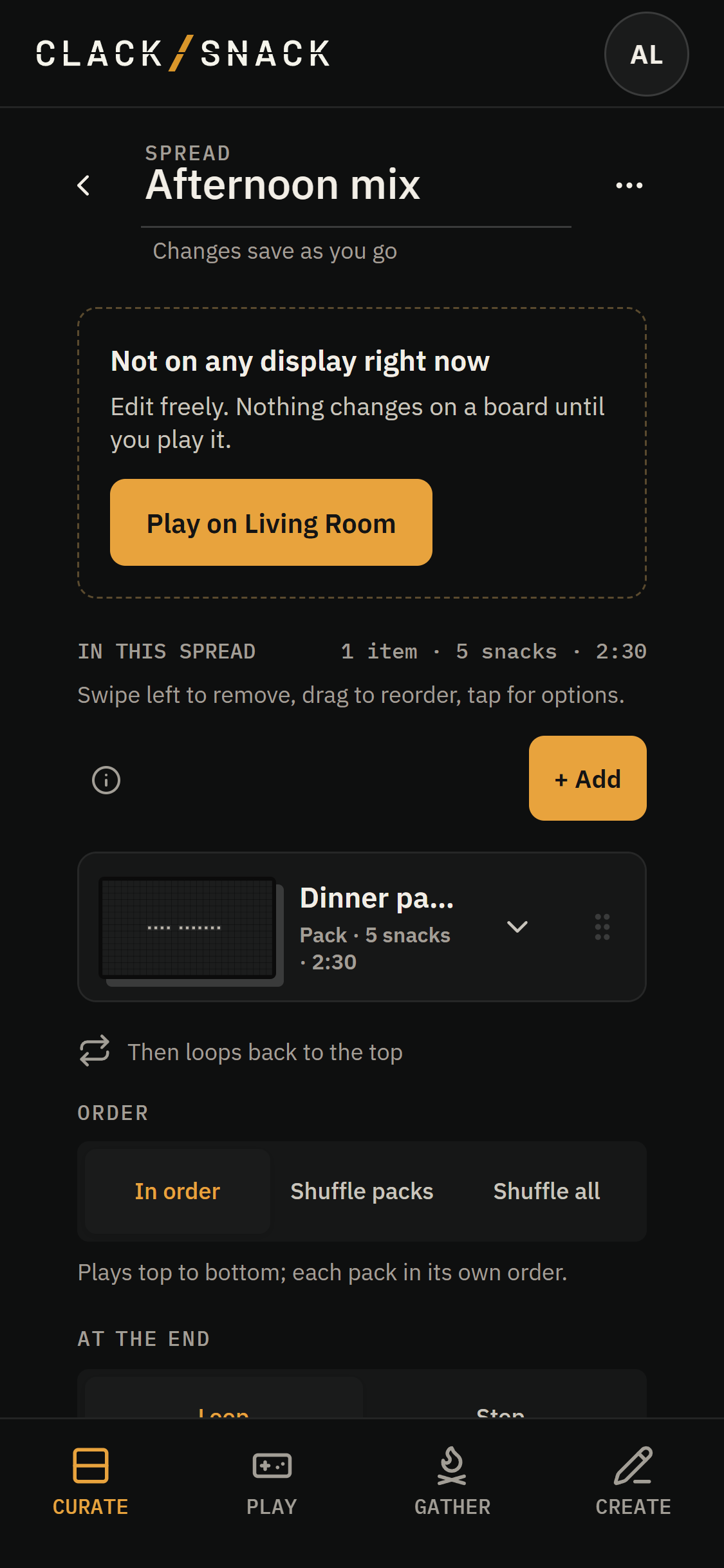 Saved Spread editor with its name, Add button, and More actions menu.