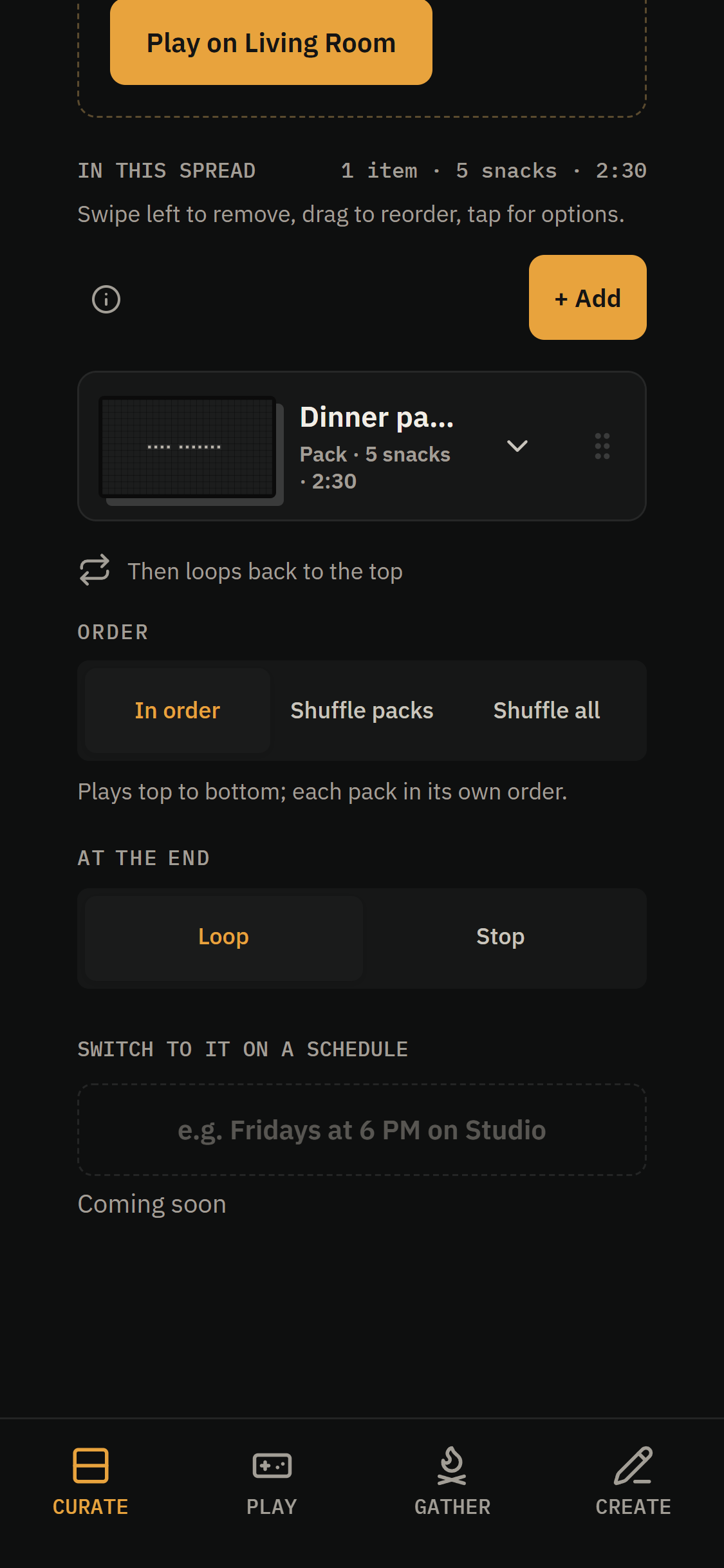 Saved Spread playback options showing Order and At the end choices.