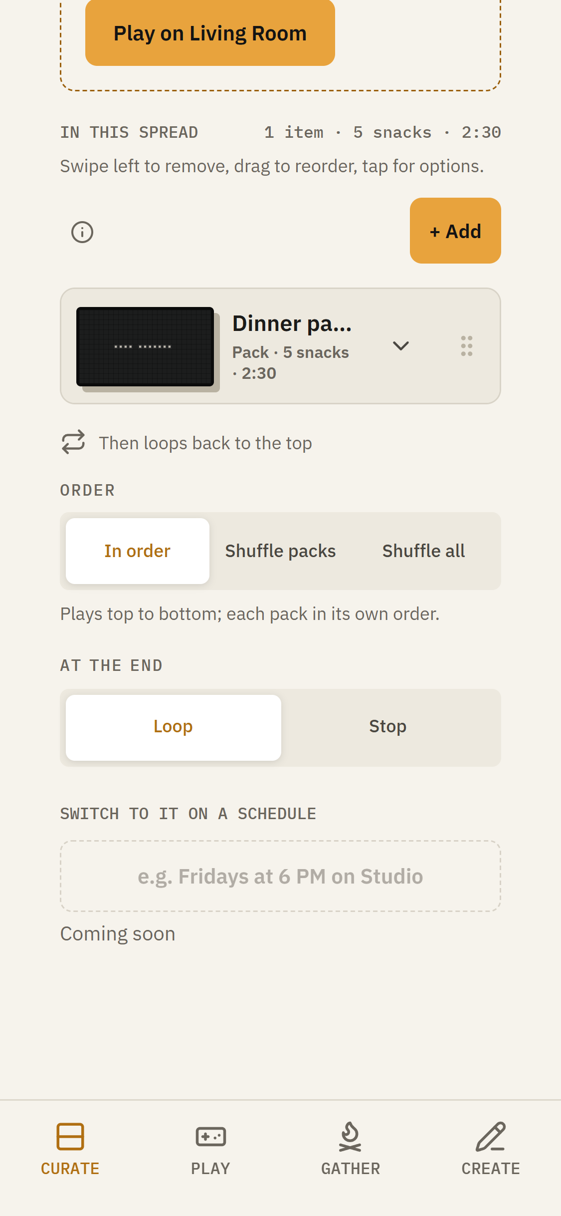 Saved Spread playback options showing Order and At the end choices.