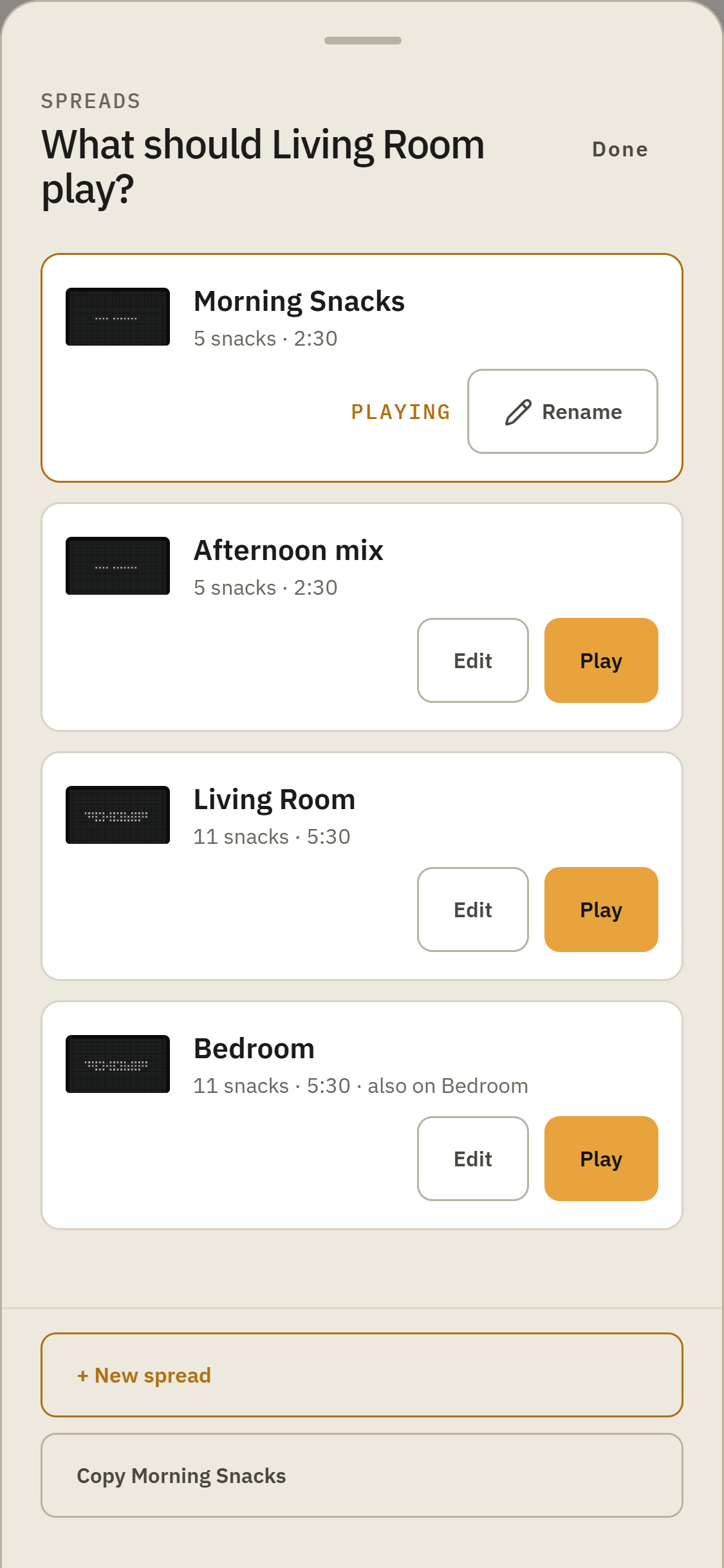 Saved Spreads list with the Playing marker, Play and Edit buttons, New spread, and Copy spread.