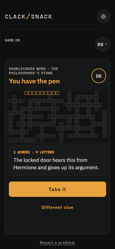 Doublecross Word phone screen with the crossword, clue, and turn controls.