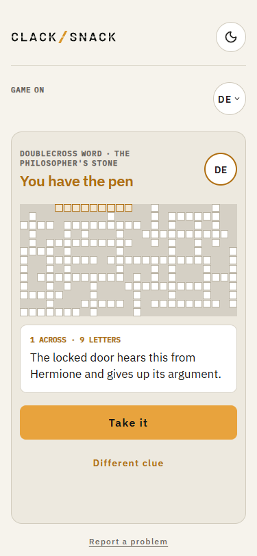Doublecross Word phone screen with the crossword, clue, and turn controls.