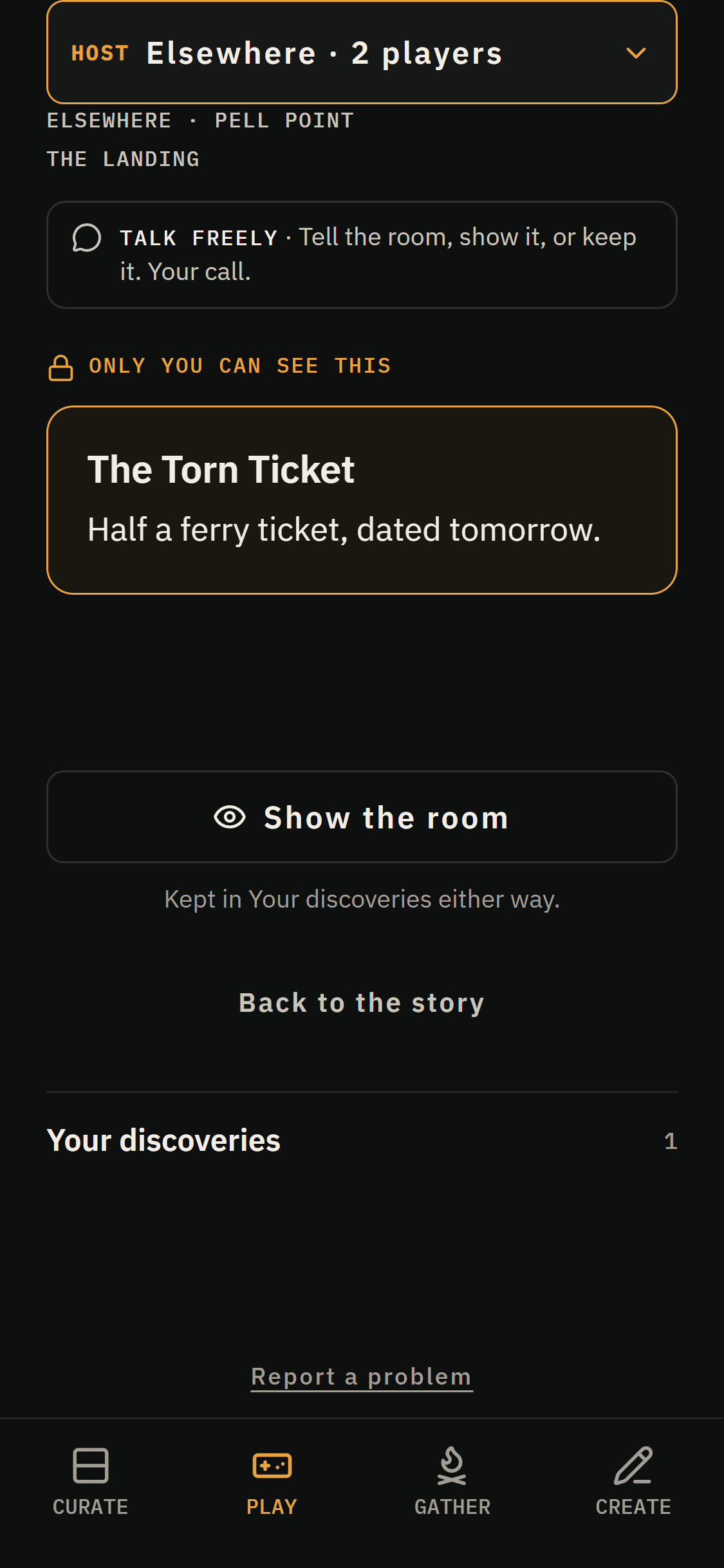 Elsewhere phone screen showing a private discovery and the talk cue.