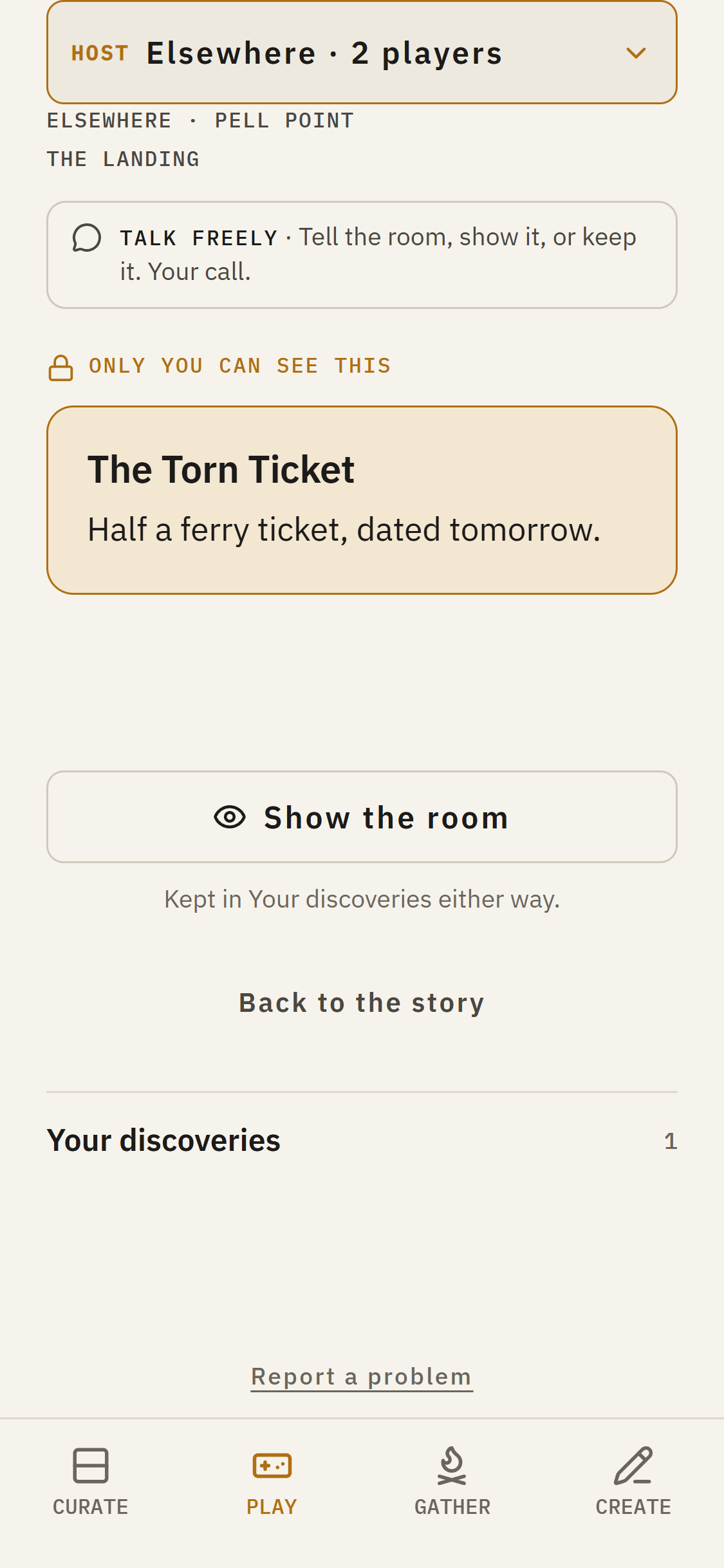 Elsewhere phone screen showing a private discovery and the talk cue.