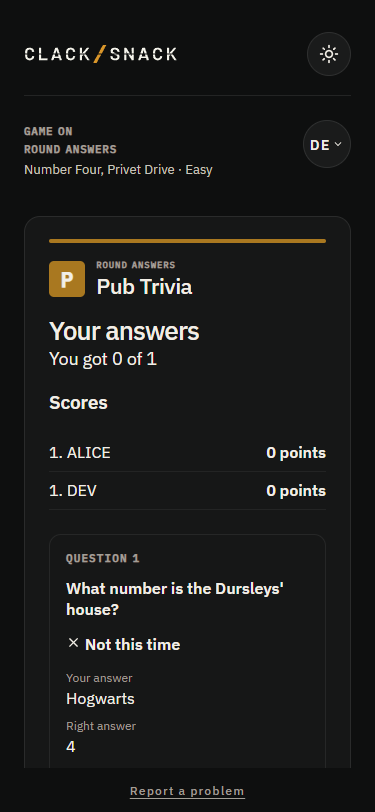 Pub Trivia Your answers summary with a submitted answer and result.