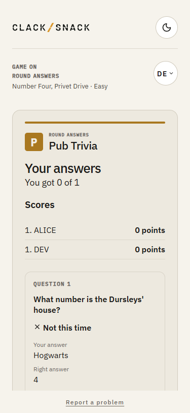 Pub Trivia Your answers summary with a submitted answer and result.