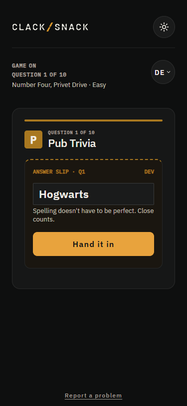 Pub Trivia answer slip on a guest phone with a written answer and Hand it in.