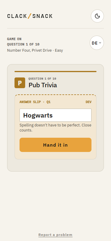 Pub Trivia answer slip on a guest phone with a written answer and Hand it in.