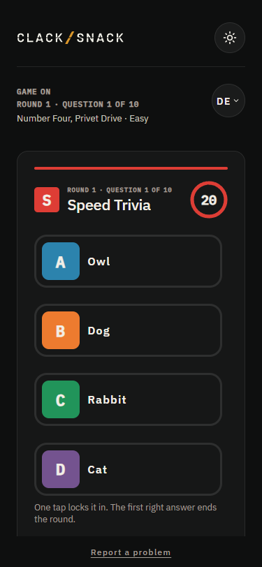 Speed Trivia question with four answer choices and a timer.