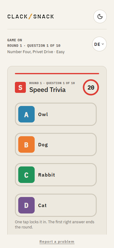 Speed Trivia question with four answer choices and a timer.