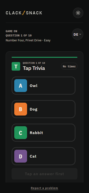 Tap Trivia question with four answer choices and no timer.