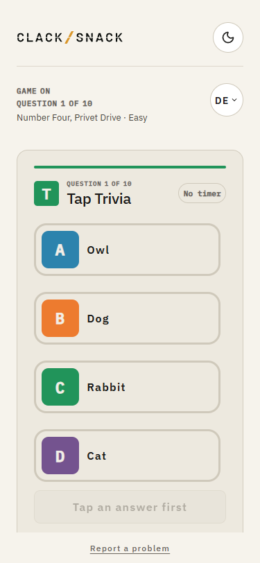 Tap Trivia question with four answer choices and no timer.