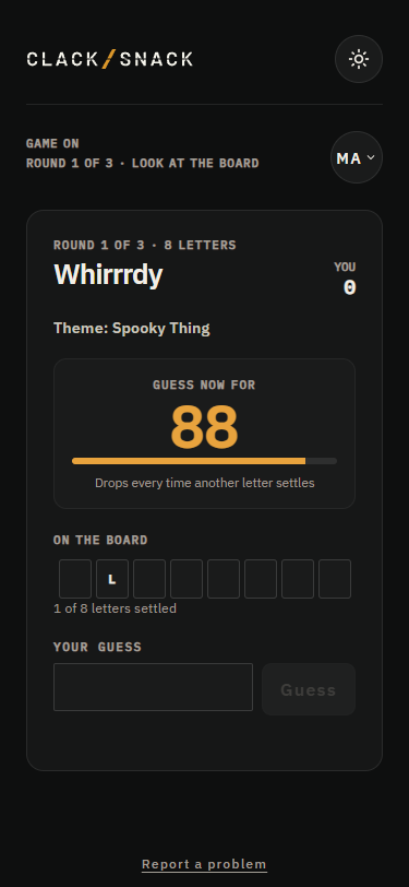 Whirrrdy round on a guest phone, with settling letters and a place to guess.