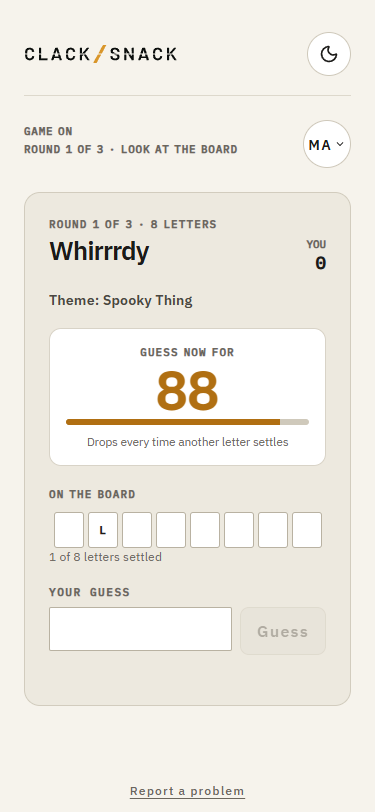 Whirrrdy round on a guest phone, with settling letters and a place to guess.