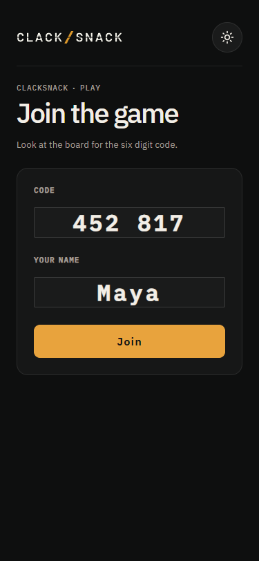 Guest join page with a six-digit game code and name fields.
