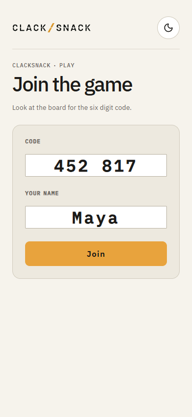 Guest join page with a six-digit game code and name fields.