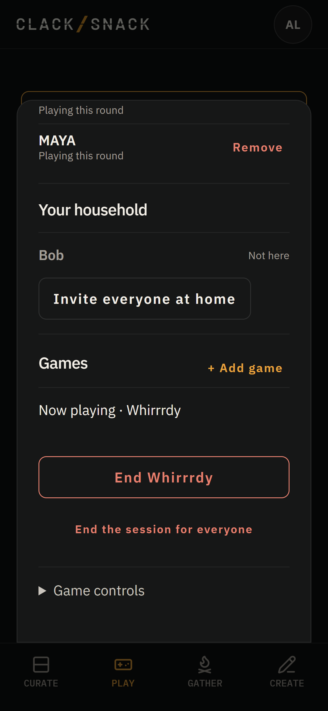 Host controls showing the game queue, End game, and End the session for everyone.