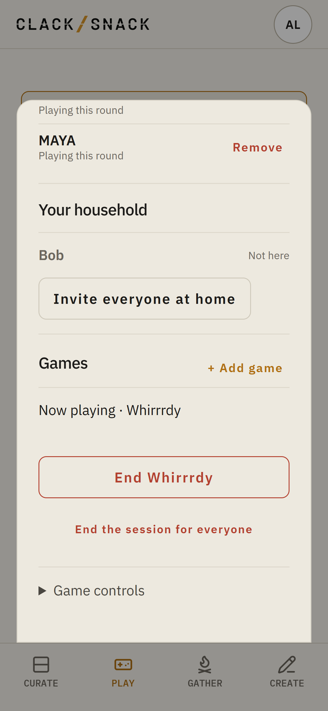 Host controls showing the game queue, End game, and End the session for everyone.
