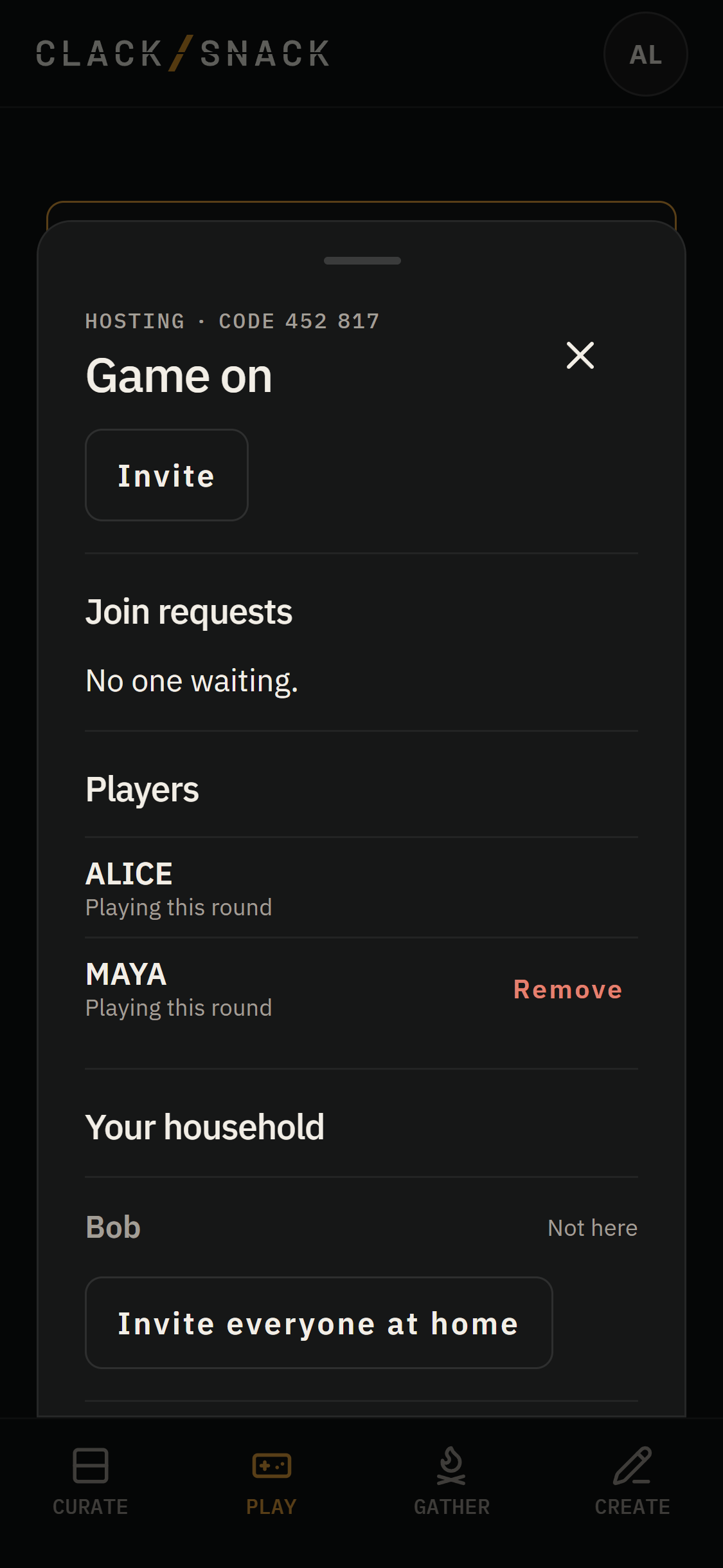 Host controls with join requests, players, and household members.