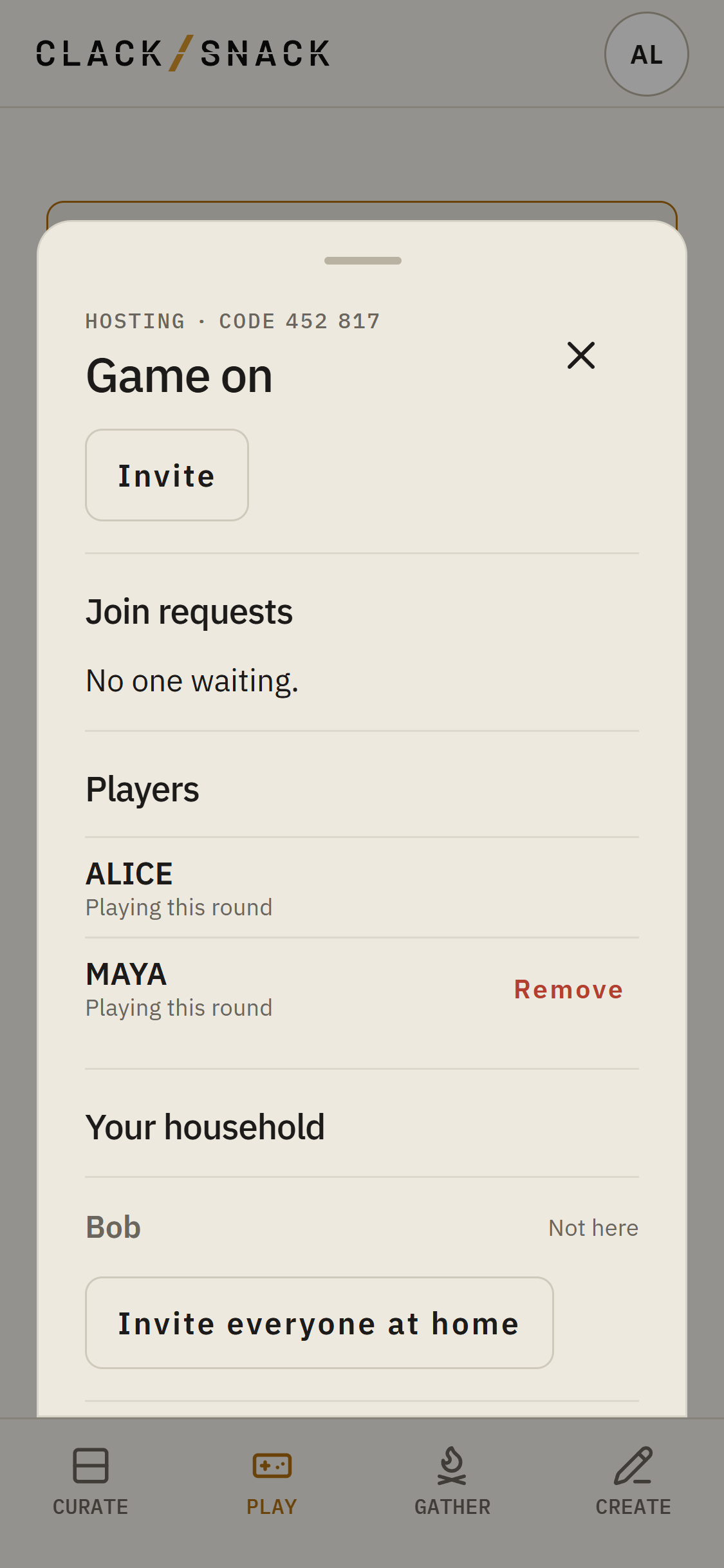 Host controls with join requests, players, and household members.