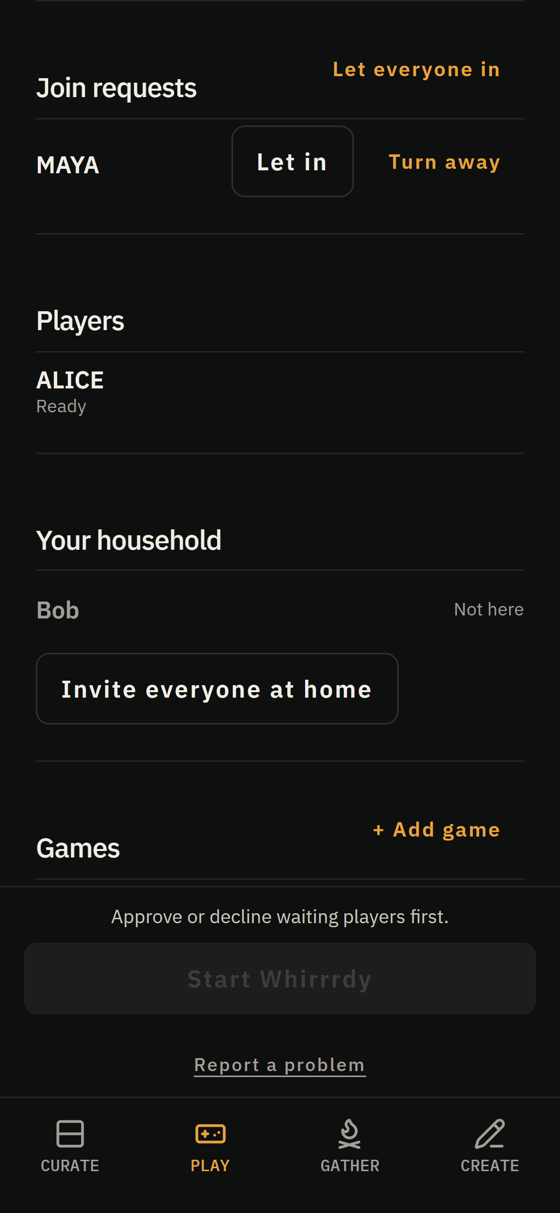 Host lobby showing a guest join request, players, and the games queue.