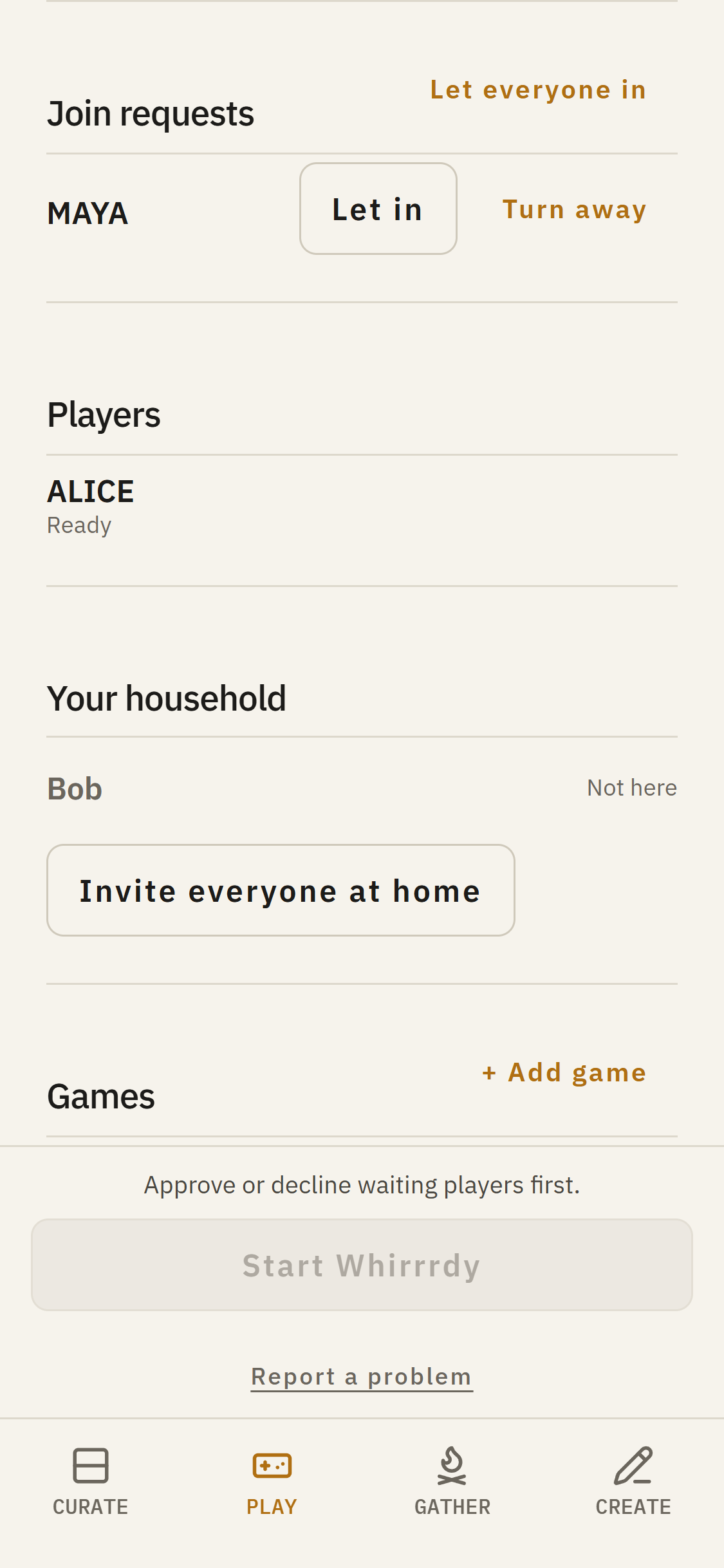 Host lobby showing a guest join request, players, and the games queue.