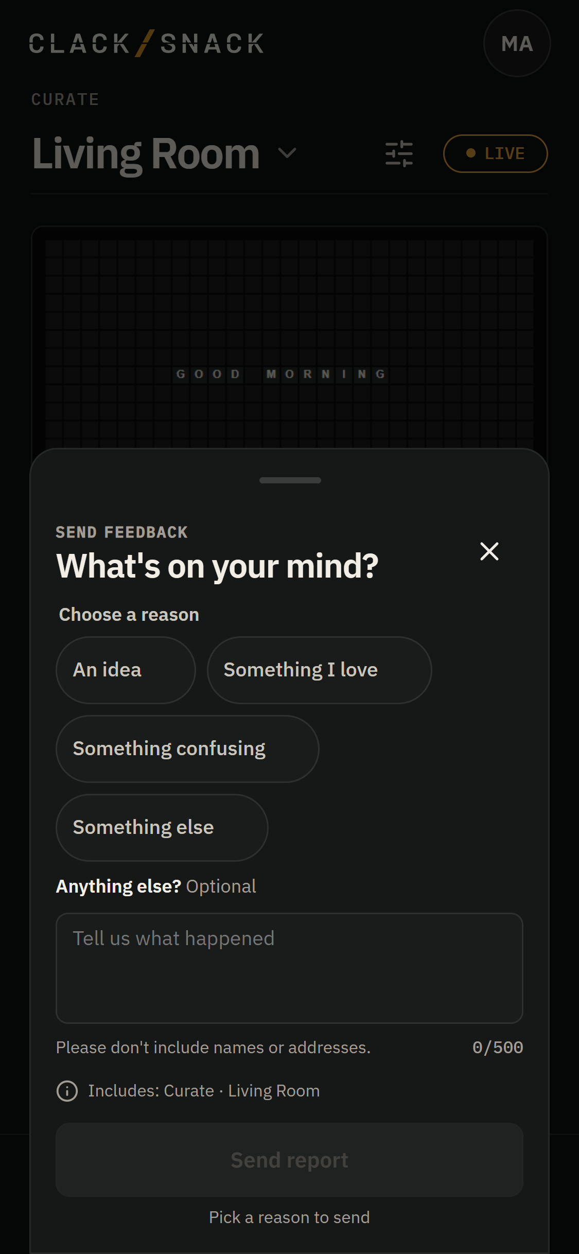 Send feedback sheet with What's on your mind and four reasons.