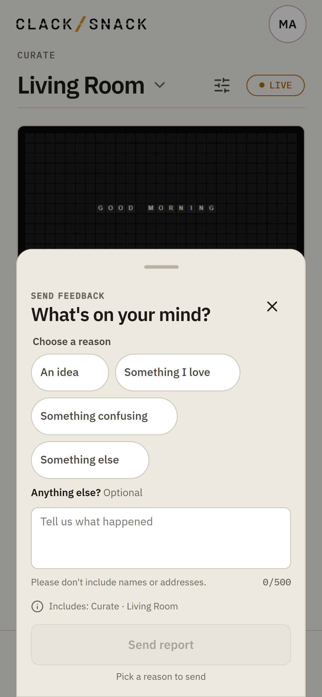 Send feedback sheet with What's on your mind and four reasons.