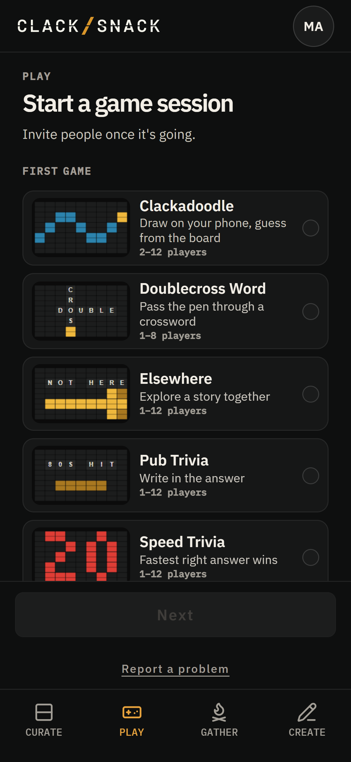 Play screen with the Report a problem link at the bottom.