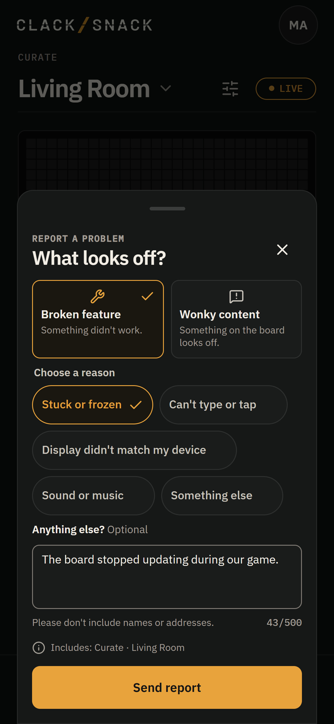 Report a problem sheet with Broken feature, a selected reason, and an optional note.