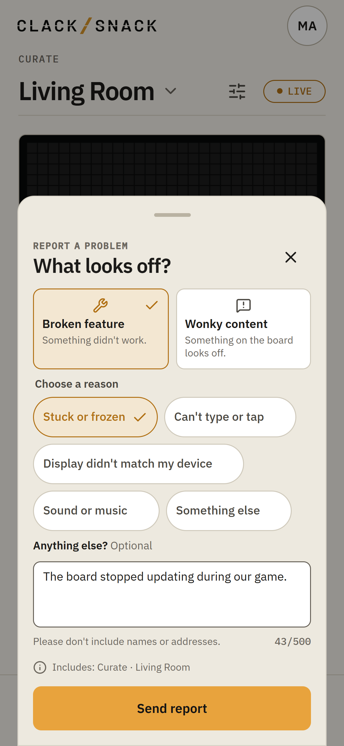 Report a problem sheet with Broken feature, a selected reason, and an optional note.
