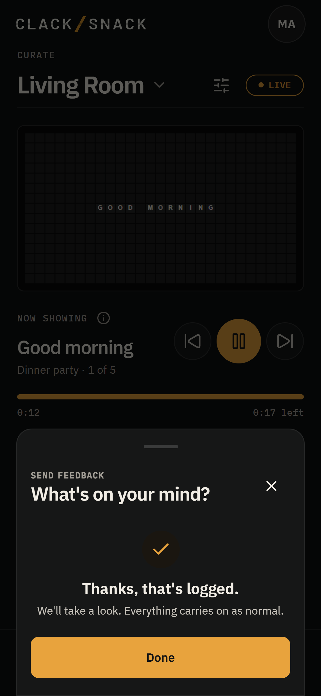 Sent report confirmation saying Thanks, that's logged, with a Done button.