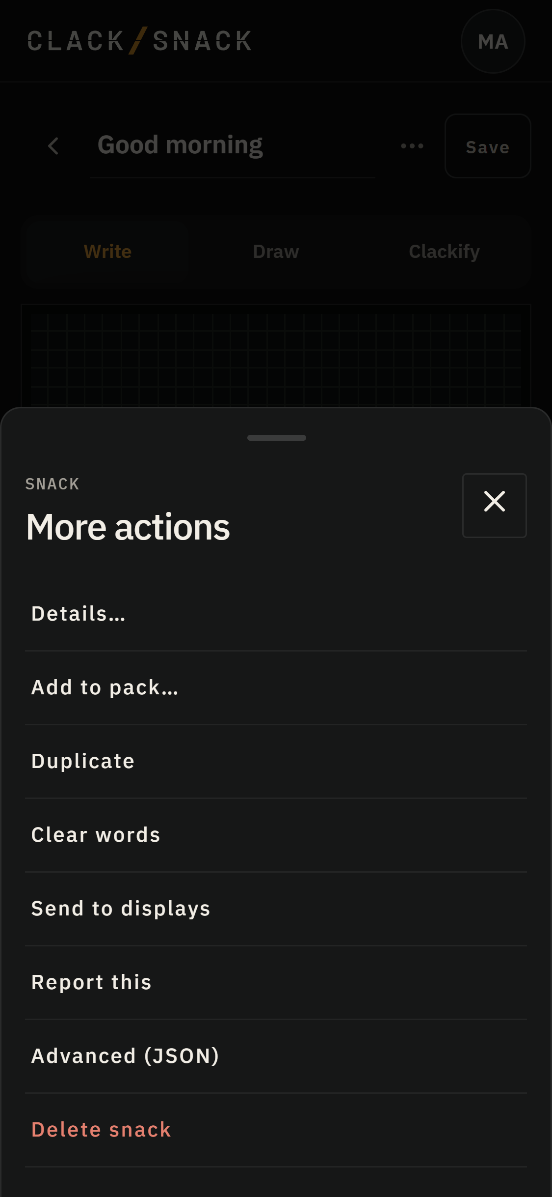 Saved Snack's More actions sheet with Report this.